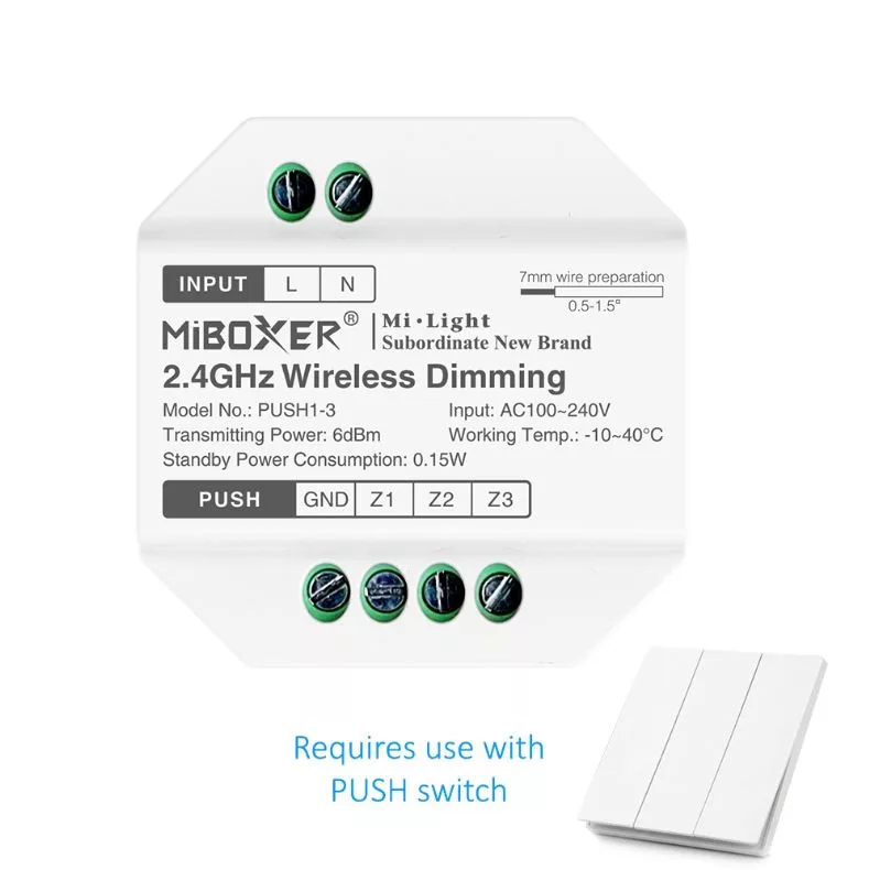 PUSH1-3 - MiBoxer - Fali fényerő szabályzó (3 Zónás) vezérlő - Nyomókapcsoló panel (RGB+CCT)