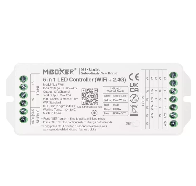 PW5 - MiBoxer - 5 az 1-ben - Csoport (zóna) WiFi vezérlő - Egyszínű, CCT, RGB, RGB+W és RGB+CCT